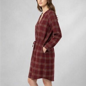 prAna Women’s Organic Cotton Plaid Long Sleeve Dress S Burgundy Drawstring Waist